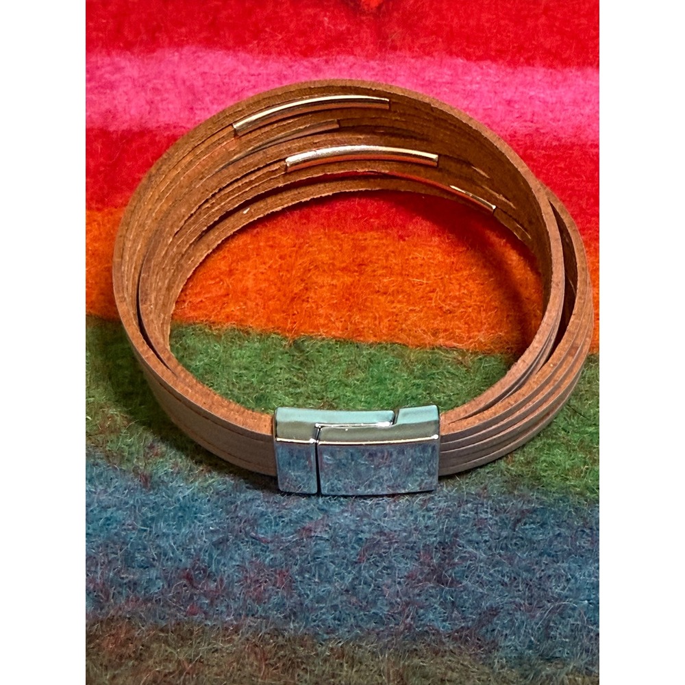 Grey Multi Strand Leather Wrap Bracelet Silver Bar Accents Magnetic Clasp 6.25in - Picture 4 of 7